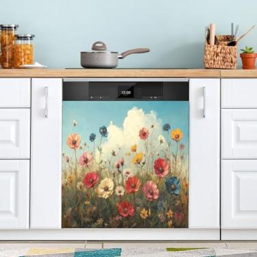 Imagem de ATTX Flores silvestres pintura a óleo capa ímã máquina de lavar louça, 58.4 cm C x 66.0 cm A decoração frontal da capa da máquina de lavar louça, decalques de armário doméstico eletrodomésticos
