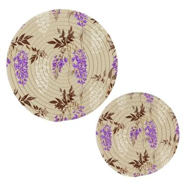 Imagem de Wassud Conjunto de trivet de flores de glicínia para pratos quentes, suportes redondos de panela, almofadas quentes de algodão, porta-copos resistentes ao calor para decoração de cozinha, bancada, 2