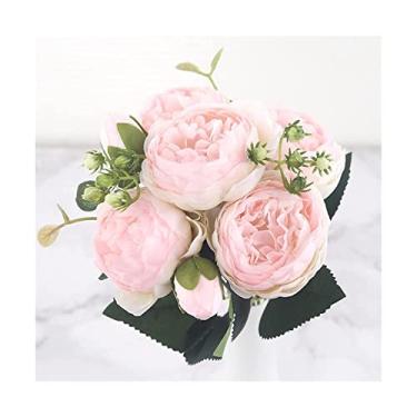 Imagem de Buquê de flores artificiais de peônia de seda de 30 cm - Centros de mesa florais elegantes com 5 flores grandes e 4 botões para decoração de mesa deslumbrante