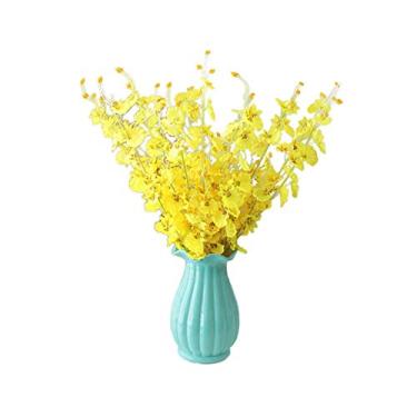 Imagem de LMJYU Flores artificiais de 50,8 cm, orquídeas artificiais em vaso azul, planta artificial amarela, para centros de mesa, flores falsas
