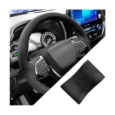 Imagem de FALVFUN Capa de volante de carro, 37-38 cm costurado no envoltório protetor de volante de veículo de couro antiderrapante, acessórios de proteção automotiva respirável, universal para a maioria dos