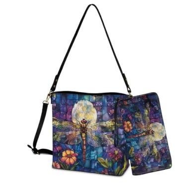 Imagem de Rchsomd Conjunto de bolsa tipo sacola leve feminina grande transversal Hobo com conjunto de carteira para compras de treino, Vitral Dragonfly Daisy Flower, One Size