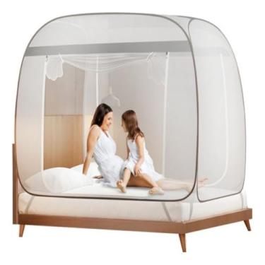 Imagem de Mosquiteiro Portátil Tipo Tenda para Cama Queen/King Dobrável com Zíper Duplo e Fundo Fechado(Cinza)