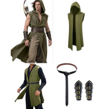 Imagem de Verceco Conjunto de fantasia masculina renascentista – fantasia medieval/renascentista masculina com cinto e cintas de couro com capuz, Verde, G