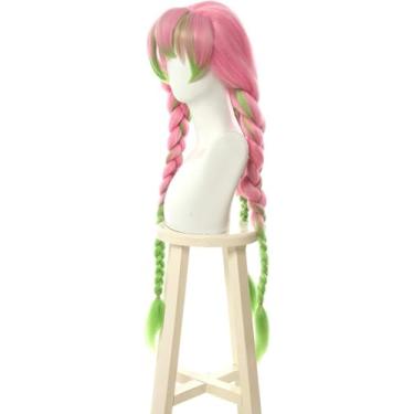Imagem de Nuoqi Peruca Cosplay Mitsuri Kanroji Mitsuri Peruca 3 Cabelo Trançado Feminino Rosa Verde Perucas Cosplay Halloween