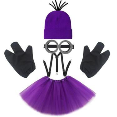 Imagem de TANTAKO Conjunto de acessórios de fantasia com óculos, suspensórios de tutu roxo e três luvas de dedo, 5 peças (com cabelo)