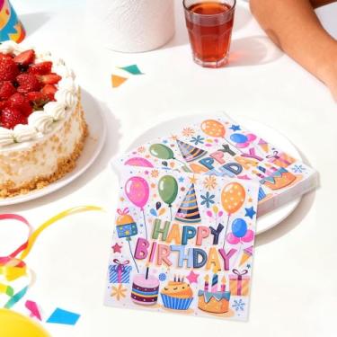 Imagem de Guardanapos de papel de feliz aniversário, decorativos, almoço, coquetel, guardanapos descartáveis, coloridos, decorações de tema de balão de aniversário para filho, filha, decorações de mesa de festa