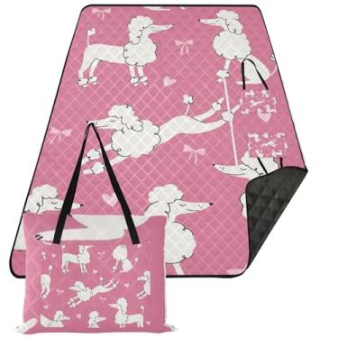 Imagem de TSENQUE Tapete dobrável de cachorro rosa com desenho animado Poodles cobertor de praia à prova de areia cobertor floral impermeável para acampamento para grama 152 cm x 203 cm