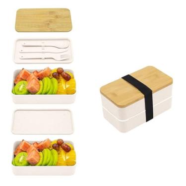 Imagem de Camada Lunch Box com Tampa de Bambu Design Grão Madeira Microwavável Bento Grande Capacidade Compartimentos Empilháveis Portátil Lavavajillas PP Grau Alimentar para Estudantes Trabalhadores do Escri