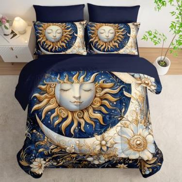 Imagem de AILONEN Jogo de cama queen com estampa de sol e lua, flor azul e branca, exótica, boêmio, galáxia, lençol com elástico + lençol de cima + 2 fronhas + 2 fronhas para decoração de quarto