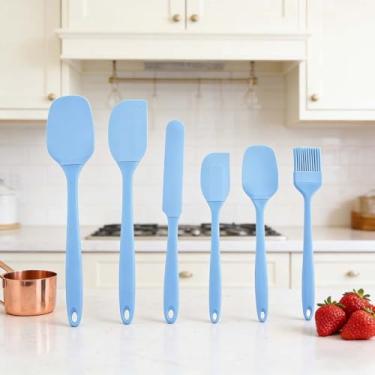 Imagem de Conjunto de 6 espátulas de silicone, ferramentas de cozimento antiaderentes resistentes ao calor, utensílios de cozinha fáceis de limpar para bolos, biscoitos e doces (azul)