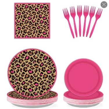 Imagem de JarThenaAMCS Kit de artigos de festa com 96 peças, estampa de leopardo, pratos de papel rosa choque, guardanapos, garfos de plástico para chá de bebê, aniversário, safári, selva, animal, festa