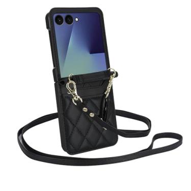 Imagem de Capa carteira para Motorola Razr 50, capa de couro flip transversal com 2 cartões de cordão ajustável alça de pulso capa de telefone para mulheres (preto)