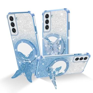Imagem de Easyscen Capa para celular Samsung Galaxy S22 5G (6,1 polegadas), com suporte de borboleta e 4 cantos de airbag protetor, capa protetora de luxo à prova de choque com glitter feminina - azul