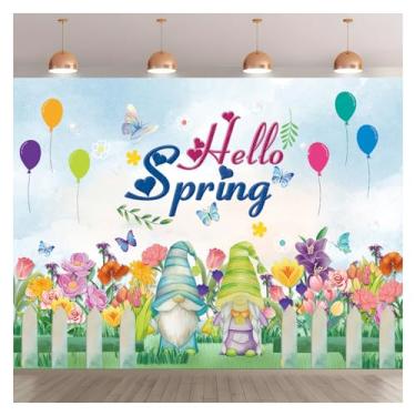 Imagem de 2,8 x 1,5 m Hello Spring fundo fotográfico gnomo tulipas margaridas pano de fundo para foto banner tecido poliéster adereços estúdio cabine sessão de vídeo decoração de festa de Páscoa suprimentos