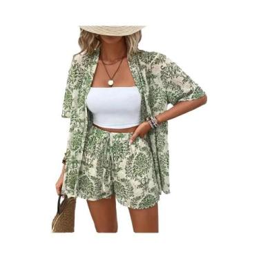 Imagem de Conjunto De Verão Feminino Com Estampa, Camisa De Manga Curta E Shorts