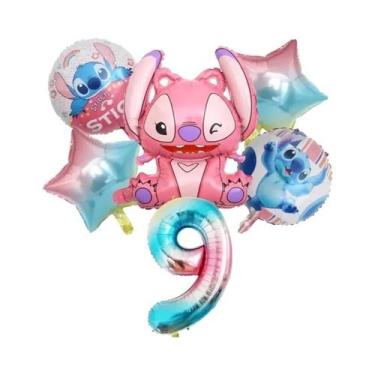 Imagem de Conjunto De Balões De Folha Rosa Angel Lilo Stitch 6 Peças Decorações 