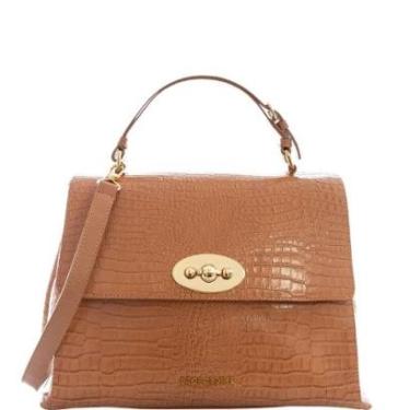 Imagem de Bolsa Feminina Couro Legitimo Caramelo Textura Croco com Alça de Mão e Ombro Leopoldine-Feminino