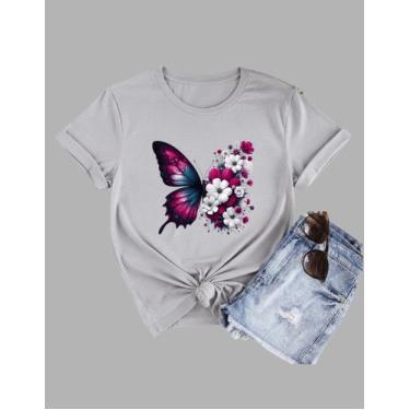 Imagem de Camiseta Tshirt Feminina Borboleta E Flores Color Em Algodão - MB Spor