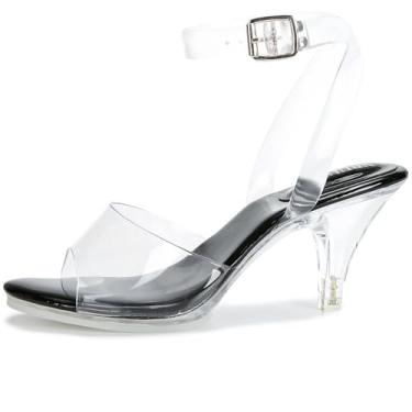 Imagem de NBUUNBU Salto transparente feminino com tira no tornozelo, salto plataforma transparente, salto com tiras, bico aberto, stiletto confortável, sapato social com salto alto, Preto-7,5 cm, 34