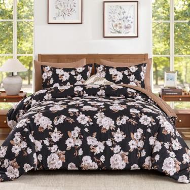 Imagem de Dinjoy Conjunto de edredom floral, Queen, preto e marrom, 7 peças, cama elegante em uma bolsa com flores botânicas, edredons leves, decoração moderna para todas as estações
