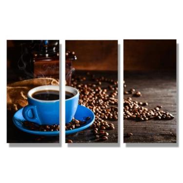 Imagem de Quadro Decorativo Cozinha Xícara Azul Café Grãos 3 peças Grande ou Peq