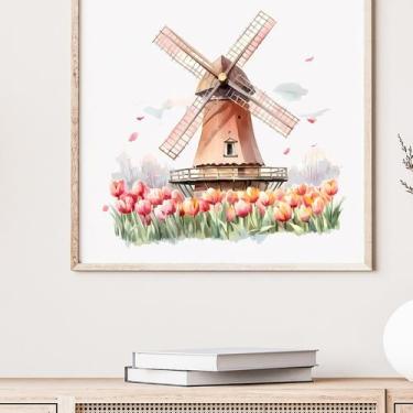 Imagem de Adesivos de parede em estilo aquarela de moinho de vento e tulipa 29x3