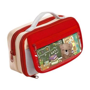 Imagem de Estojo de lápis vermelho de 3 camadas de grande capacidade com alça pa