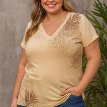 Imagem de Blusa Feminina Plus Size em Malha com Estampa de Folhagens – Decote V Cereja Rosa-Feminino