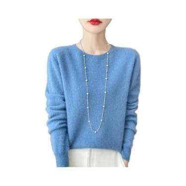 Imagem de Pulôver Feminino 100% Lã Merino Cashmere Com Gola Redonda E Manga Long