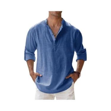 Imagem de Camisas Henley Masculinas Leves de Algodão e Linho - Estilo Casual par