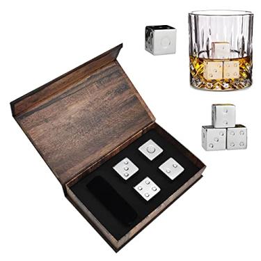 Imagem de HIOD 4 pçs cubos de gelo de aço inoxidável em formato de dados, pedra refrescante reutilizável para vinho de uísque, mantenha sua bebida fria por mais tempo