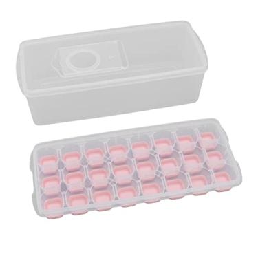 Imagem de Bandeja de cubo de gelo com tampa, bandeja de gelo de 24 cubos molde de cubo de gelo de fácil liberação bandeja de congelador empilhável molde multiuso para picolés pudim coquetel uísque chá café (rosa)