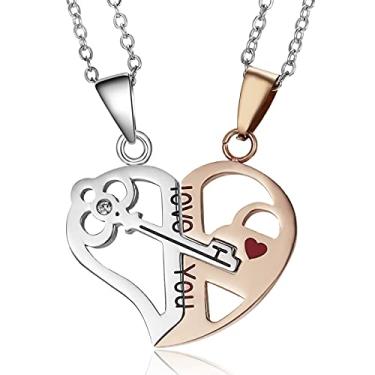 Imagem de Colar de aço inoxidável de verão, colar de quebra-cabeça de chave de gato feminino, colar de duas cores gravado em forma de coração Small