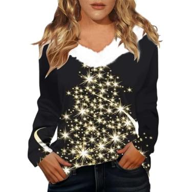 Imagem de Elogoog Camiseta feminina Merry Christmas Pullover Merry and Bright Off Shoulder Shirt Vintage Cute Christmas Tree Shirt, Preto, XX-Large