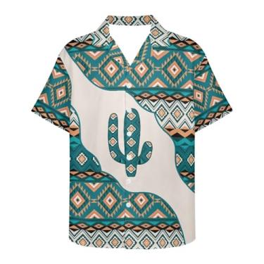 Imagem de Gzzxiailg Camisa masculina descolada com gola V havaiana, camisa de praia tropical, manga curta, verão, roupas de praia, Cacto tribal, XXG