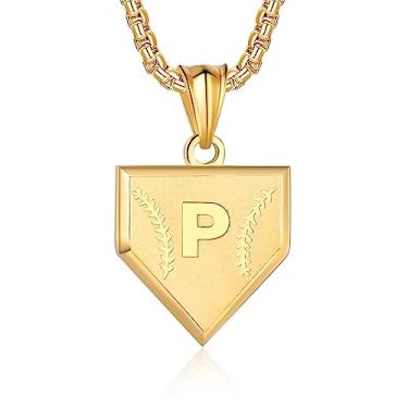 Imagem de Colar com inicial A-Z para meninos, aço inoxidável, com pingente de escudo de letras, corrente de 52 + 5 cm inspiradora de beisebol, joia de presente para homens, Ouro, Sem Pedra Preciosa