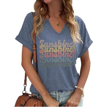 Imagem de TIXOM Camiseta feminina de verão com gola V, estampa de letras engraçadas, manga curta, casual, folgada, tops de férias, C - azul, G