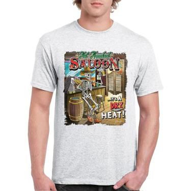 Imagem de Camiseta masculina Hot Headed Saloon But its a Dry Heat Funny Skeleton Biker Beer Drinking Cowboy Skull Southwest, Cinza-claro, 3G