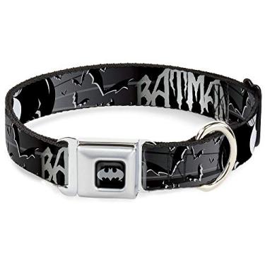 Imagem de Buckle-Down Coleira de cachorro fivela de cinto de segurança Batman sinais de morcego voando preto e branco, Batman com sinais de morcego e morcegos voadores preto/branco, 2,5 cm de largura - serve