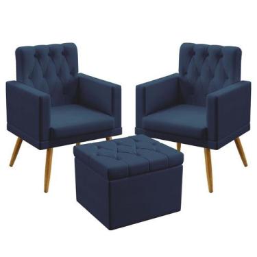 Imagem de 2 Poltronas Vega Almofadada Com Rodapé E Capitonê Com Puff Quasar Sued