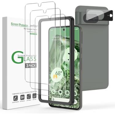Imagem de amFilm Pacote com 3+1 protetor de tela para Google Pixel 8, vidro temperado de 6,2 polegadas, compatível com impressão digital ultrassônica, com moldura de fácil instalação, antiarranhões, sem bolhas,