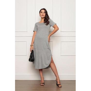 Imagem de Vestido Midi Manga Curta com Fenda 920 Cinza - Zipituka, Cinza, G
