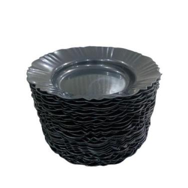 Imagem de Kit 10 Pratos Fundos Redondo Com Bordas Preto de Plástico Refeição Fes