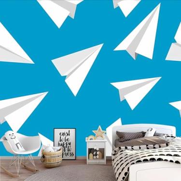 Imagem de Lcythiazole Papel de parede de avião branco fundo azul papel de parede infantil para sala de estar, quarto, quarto de crianças, quarto de menino, tamanho personalizável, removível