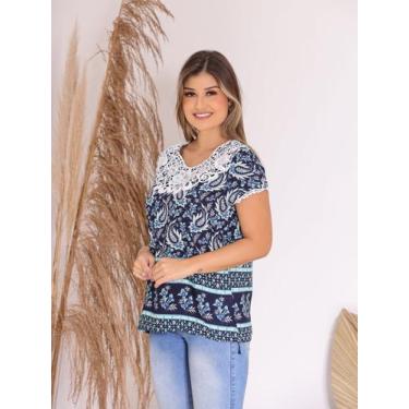Imagem de Camiseta Blusa Feminina Estampada de Manga Curta com Renda e Viscose P