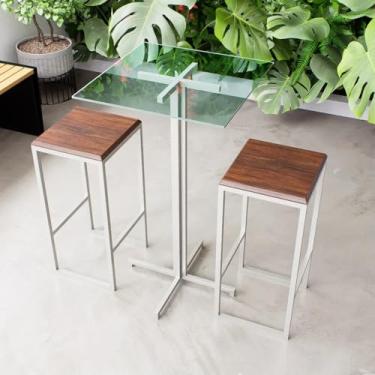 Imagem de Conjunto Mesa Alta Bar Bistrô Quadrada Vidro 2 Bancos Imbuia Industrial White