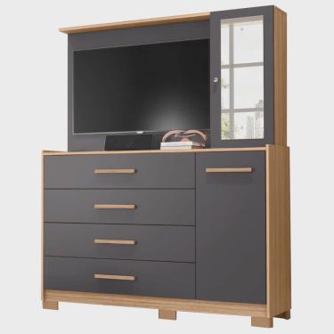 Imagem de Cômoda Ilhabela com Painel para TV 4 Gavetas 2 Portas e Espelho Albatroz Cor Nature Titanium