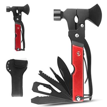 Imagem de KEENSUN Ferramenta multiferramenta de acampamento com martelo de machado, multiferramenta de aço inoxidável 14 em 1 com machado de martelo, chaves de fenda, abridor de garrafa de serra (vermelho) e