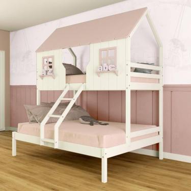 Imagem de Beliche Casal/ Solteiro Casinha Encantada Madeira Maciça Branco/ Rosa Megamobilia
